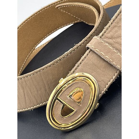 Christian Dior Tan Leather Belt Gold Tone Enamel Logo Buckle Sz Sm 30” - Picture 3 of 16